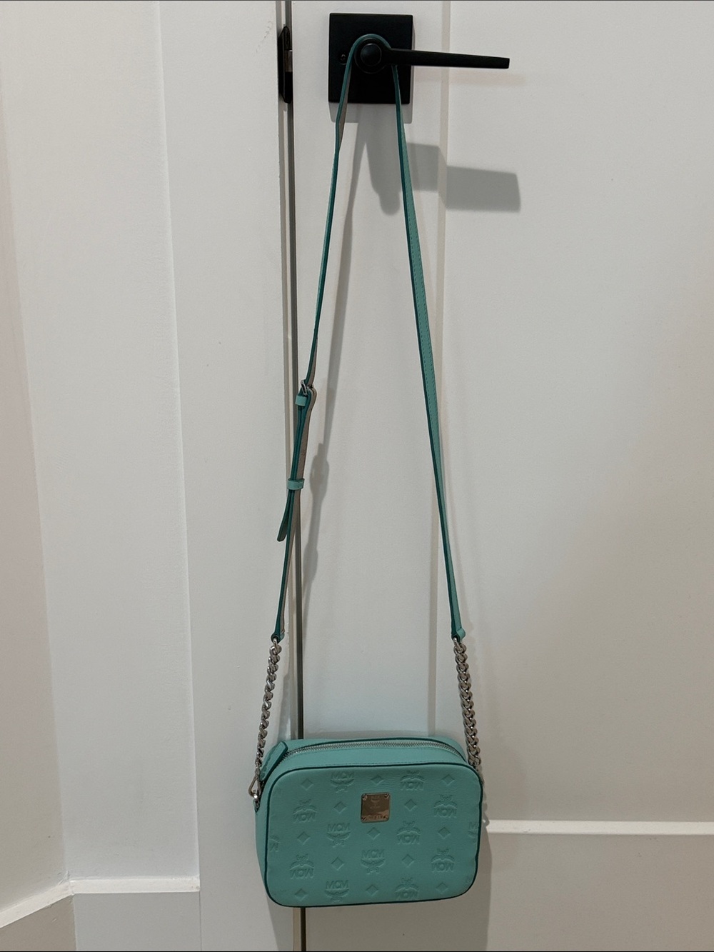 MCM Teal Monogram Crossbody Camera Bag